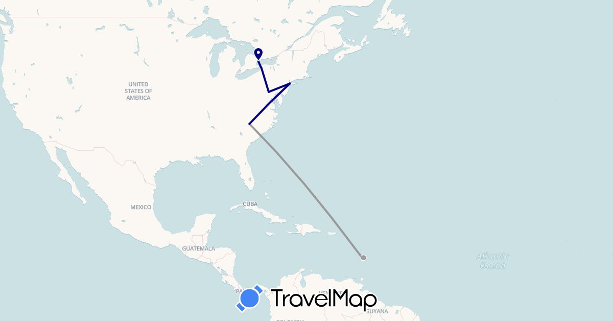 TravelMap itinerary: driving, plane in Canada, Saint Lucia, United States (North America)